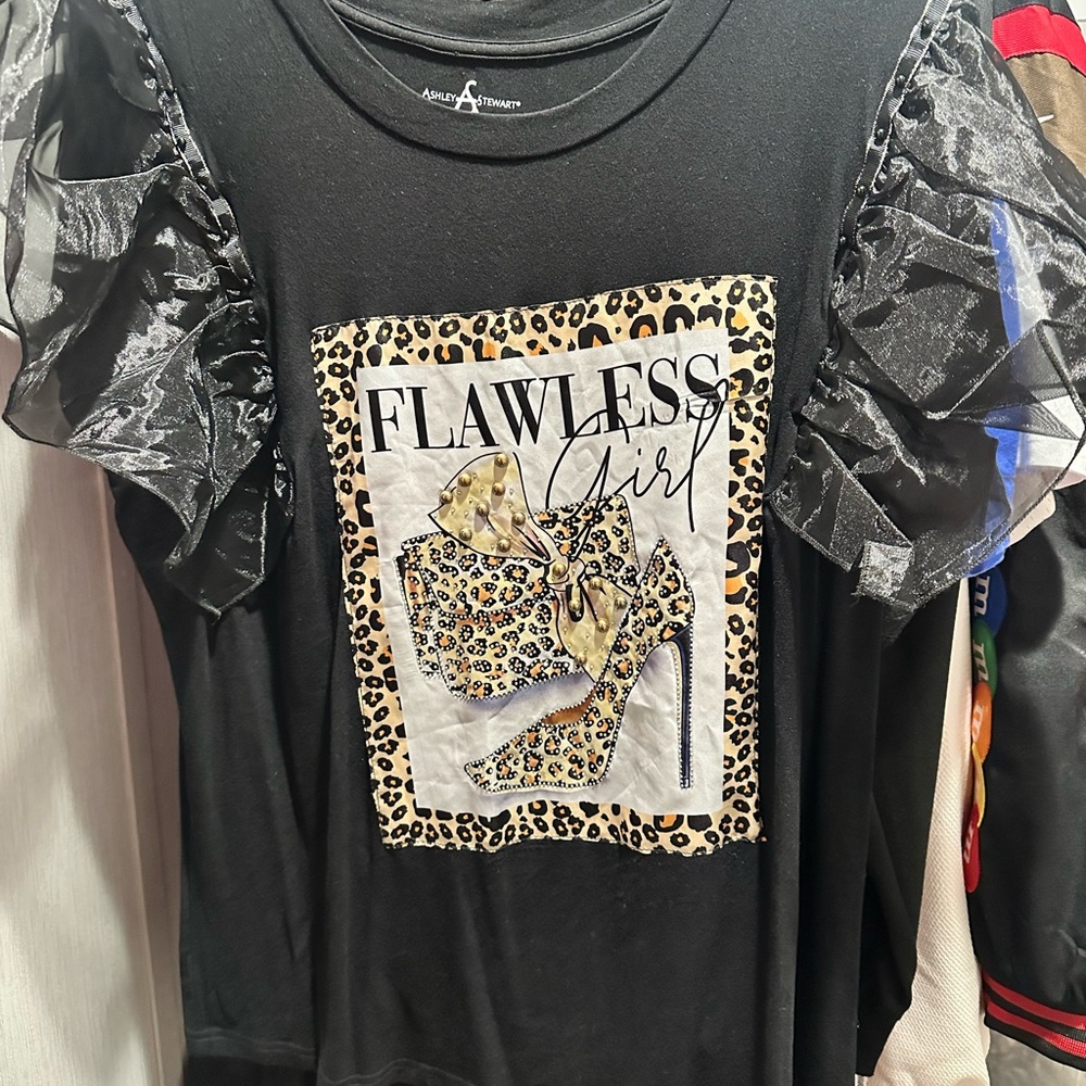 Ashley Stewart Black Top with Leopard Print and Ruffled Sleeves